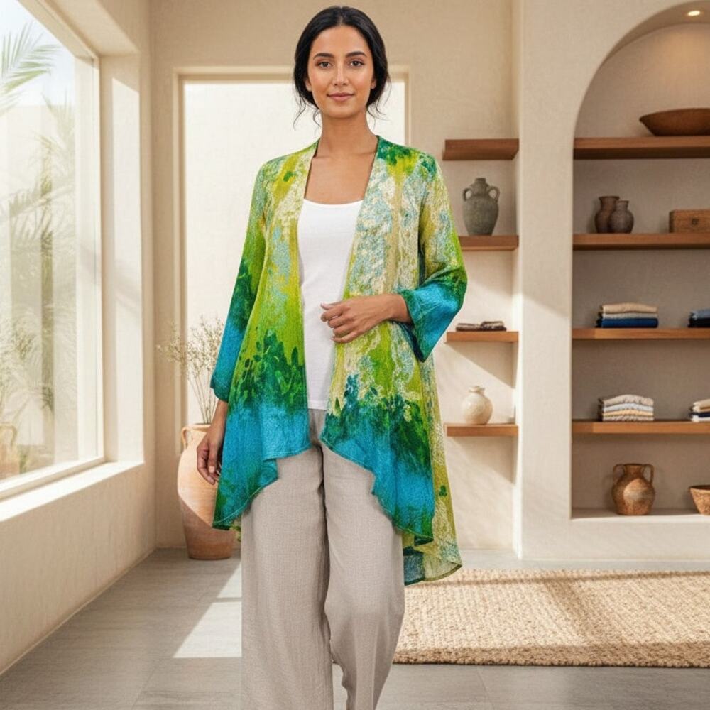 CITRON Santa Monica Silk long Kimono open blouse Green floral size Small
